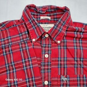 Abercrombie Fitch Red Plaid Button Down Shirt Mens Muscle Fit Size L